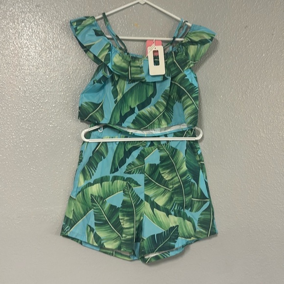 Green and Blue Athletic Shorts with Tropical Leaf Design - Picture 1 of 13